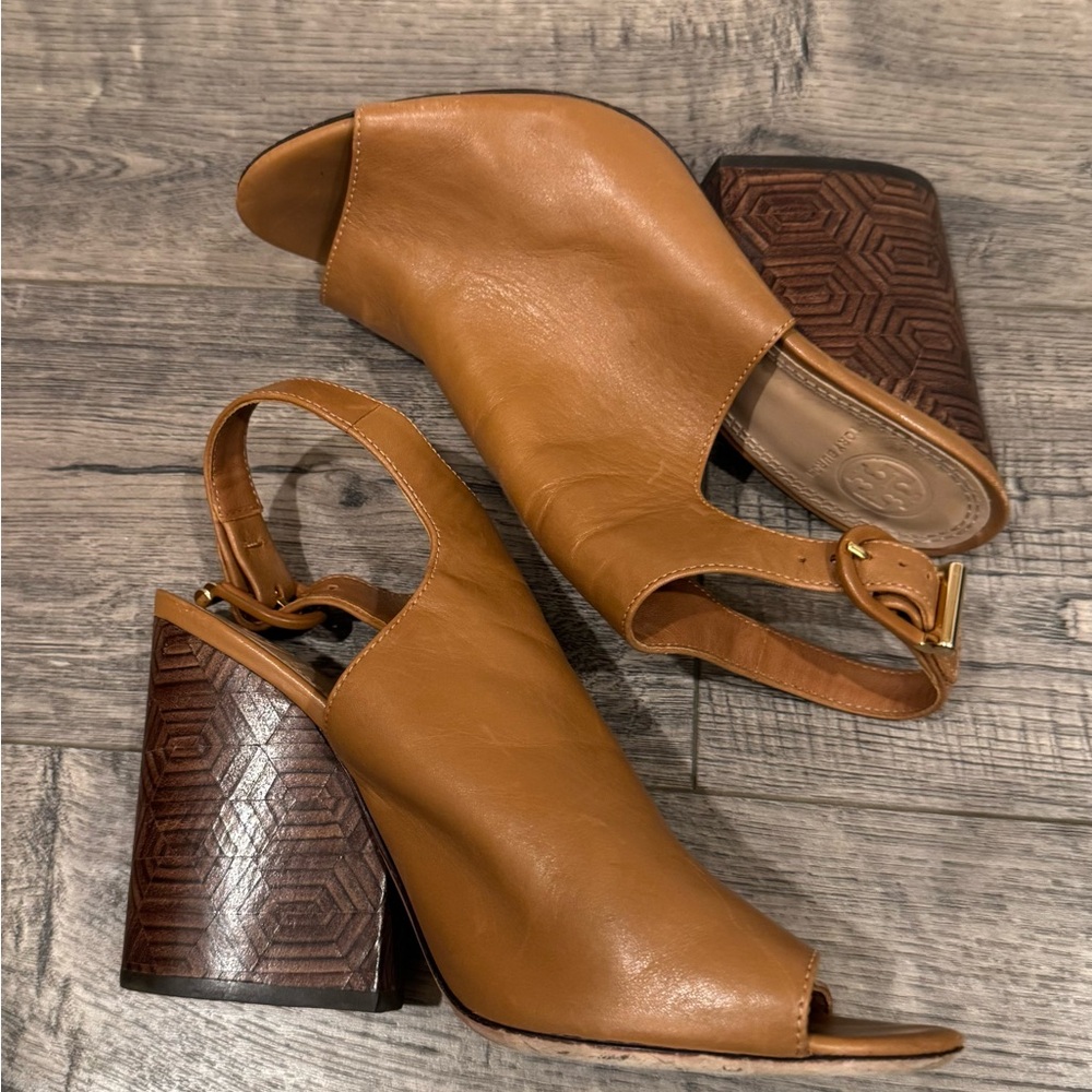 Tory Burch Tan Cognac Leather Peep-Toe Block Heel Mules